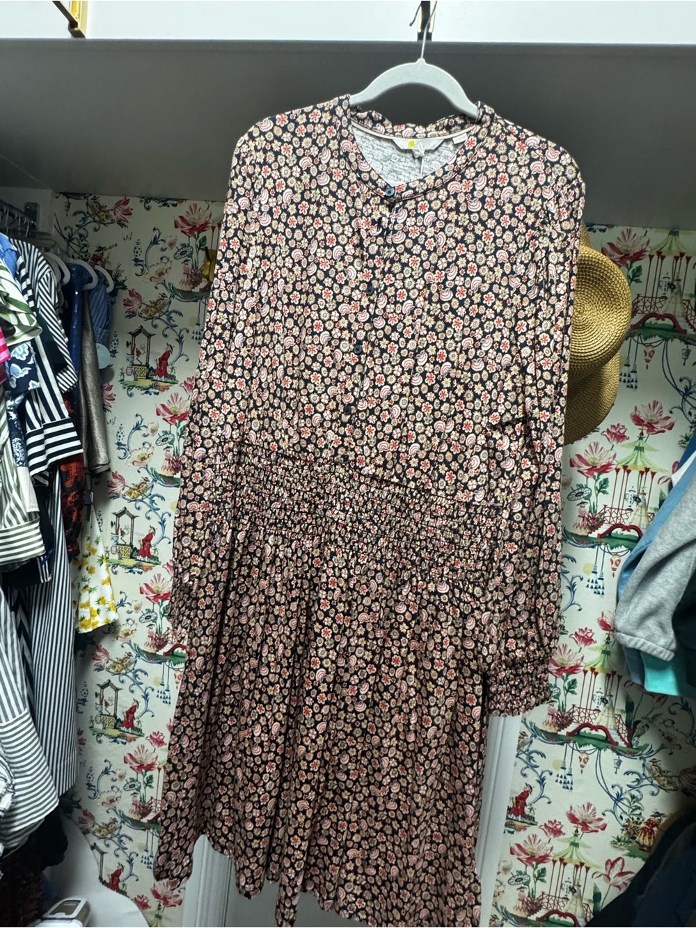 Boden Black Floral Long Sleeve Smocked Waist Dress